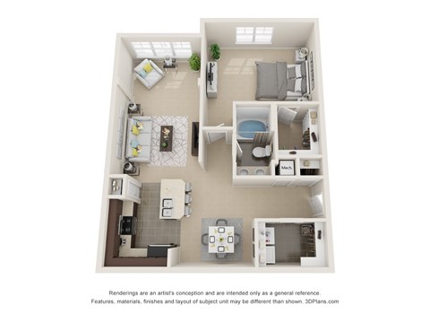 Floor plan for 1 bed, 1 bath, 951 sqft